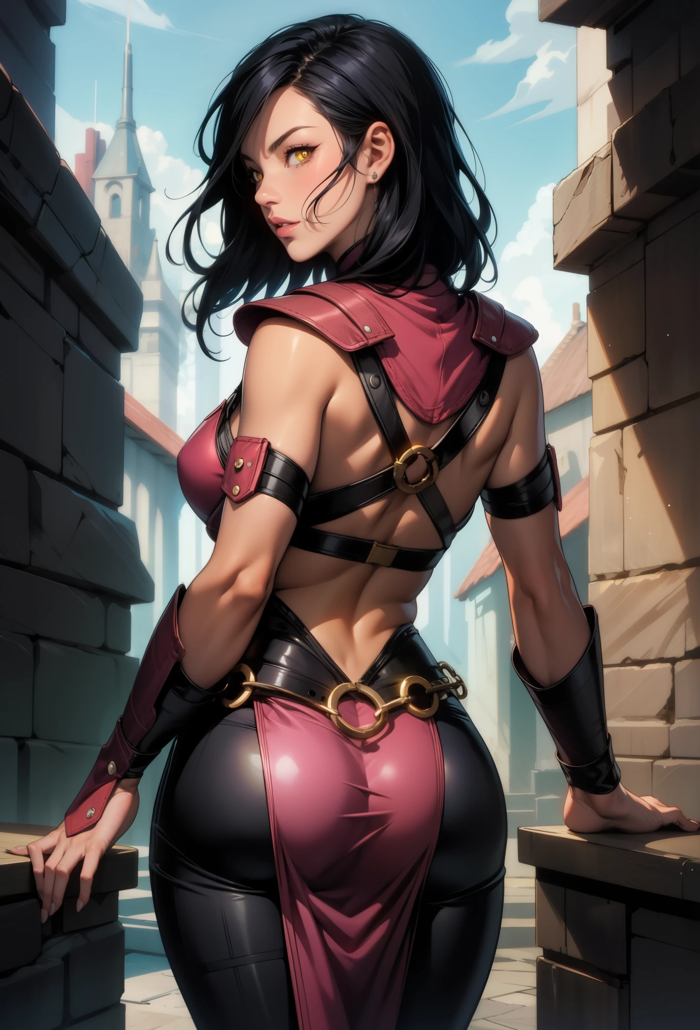 (best qualityer))), (((manga strokes))), (((back view))), (((perfect ass))), woman red knight, (((red helmet))), metal panties, medieval albino girl, Barbed wire garter belt, breasts covered with a metallic chest protector shaped like bat wings, curly black hair, long ribbon-garter, chains wrapped around the arm, metal gloves, great sword, medieval castle, fitness body, blood, nude belly, coxas nuas (((manga style))), violent, Manic, slenderbody, thin but strong, perfectbody, armor black, ornate metal sleeves, (( cowboy shot )). Intricate look with a huge medieval castle