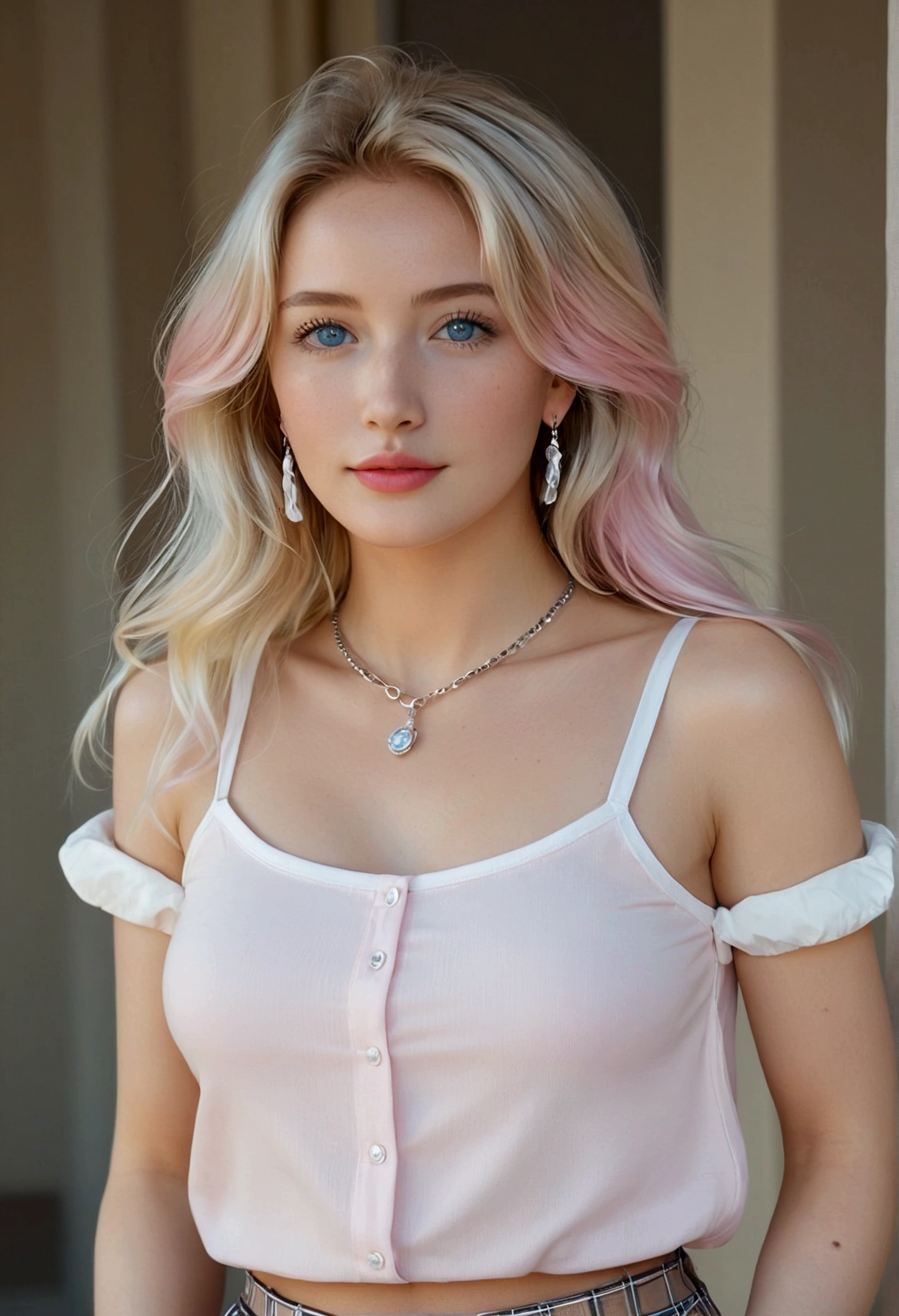 Portrait of a russian model girl in pink flluffy tight dress. shoulders opened. River on the background and norway village. platinum blonde. Natural lightning White hair. photo from above. photo from above. photo from above. lips half opened. pink tiny choker on the neck. Live photo in motion. Selfie. light smile on her lips. White hair falling on shoulders. White hair falling on shoulders. White hair falling on shoulders. White hair falling on shoulders. blue eyes. upper body visible. vogue opened pose. She should have a happy expression. soft lights. detailed hairstyle, long hair falling on shoulders, symmetrical. photo from instagram.