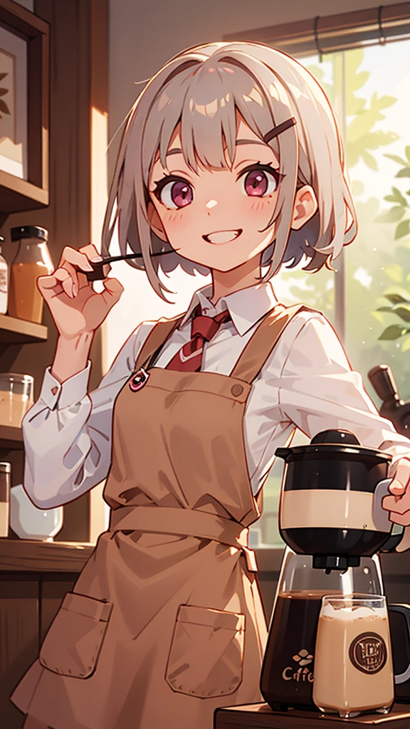 Girl working in a coffee shop、Brewing coffee in a coffee maker、Expressive eyes、Brown apron、Silver and bob short hairstyle、Tie your hair up with a hair clip、Pink Eyes、Laughter、smile、Cowboy Shot、Perfect lighting、Warm colors、White shirt、Barista、Bokeh、(The perfect coffee machine)、Delicious coffee