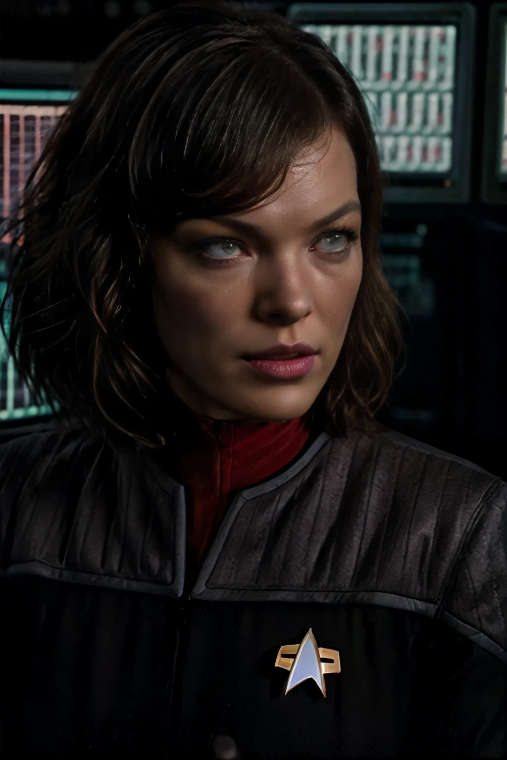 (Milla Jovovich)long curly dark hair, gorgeous eyes, high arched eyebrows, seductive look,looking at viewer, in a apace station control room, (ds9st red and black uniform), backlight on hair, shallow depth of field, bokeh