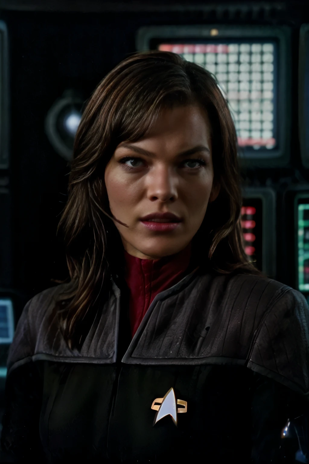 (Milla Jovovich)long curly dark hair, gorgeous eyes, high arched eyebrows, seductive look,looking at viewer, in a apace station control room, (ds9st red and black uniform), backlight on hair, shallow depth of field, bokeh