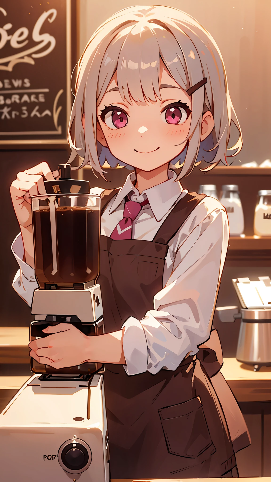 Girl working in a coffee shop、Brewing coffee in a coffee maker、Expressive eyes、Brown apron、Silver and bob short hairstyle、Tie your hair up with a hair clip、Pink Eyes、Laughter、smile、Cowboy Shot、Perfect lighting、Warm colors、White shirt、Barista、Bokeh、(The perfect coffee machine)、Delicious coffee