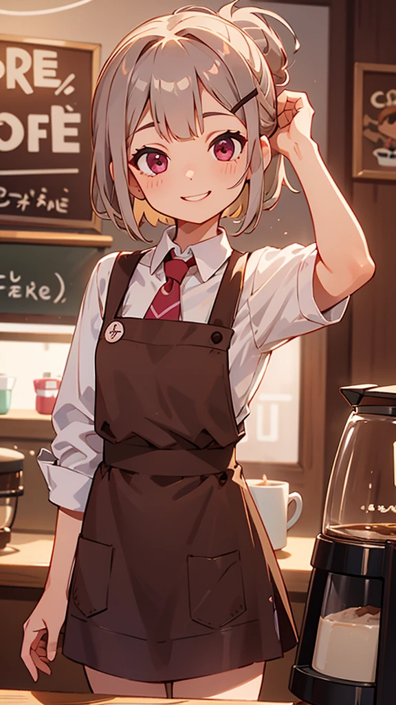 Girl working in a coffee shop、Brewing coffee in a coffee maker、Expressive eyes、Brown apron、Silver and bob short hairstyle、Tie your hair up with a hair clip、Pink Eyes、Laughter、smile、Cowboy Shot、Perfect lighting、Warm colors、White shirt、Barista、Bokeh、(The perfect coffee machine)、Delicious coffee