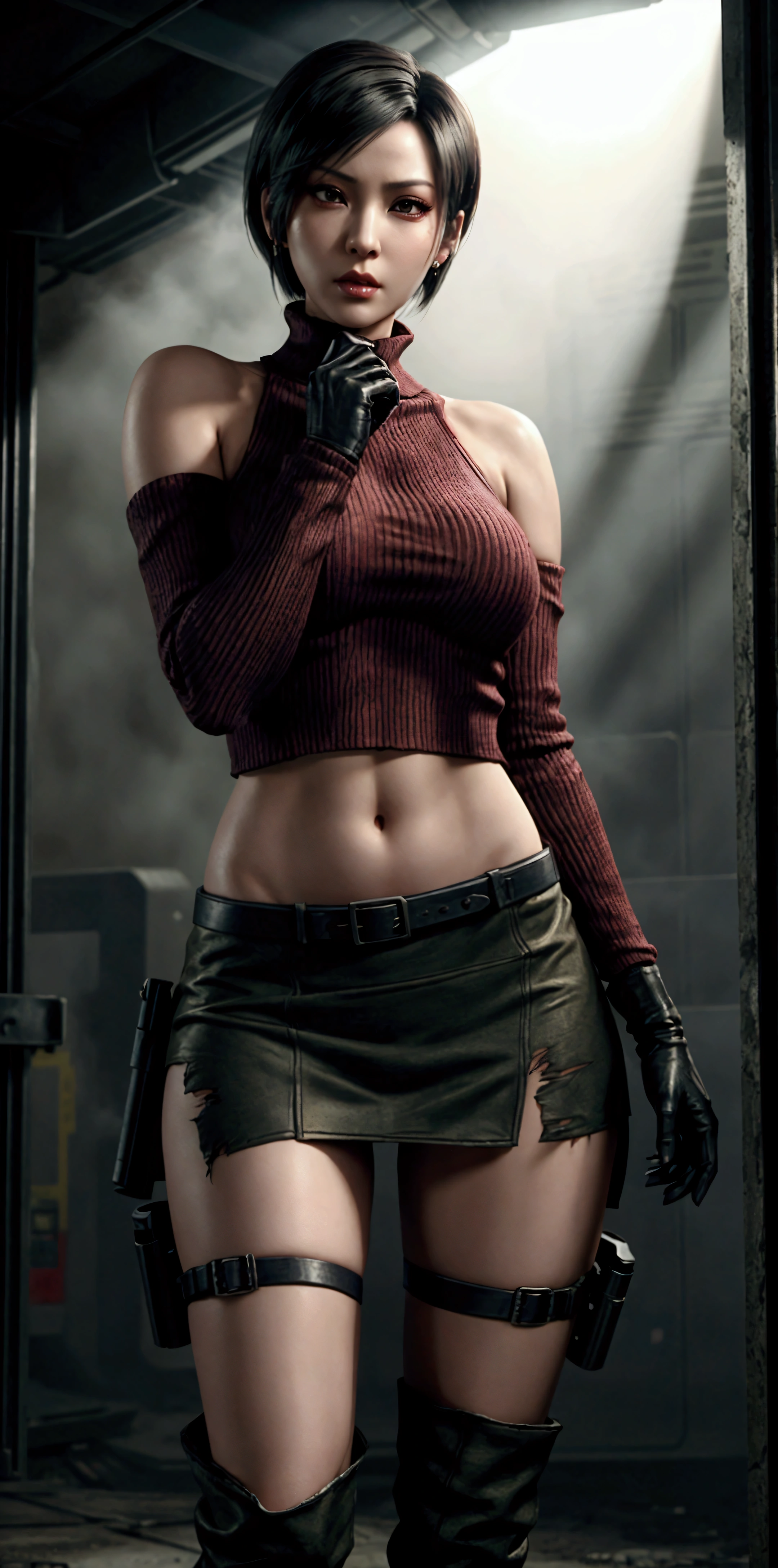 ada wong, torn sweater, sexy pose, thin narrow waist, open legs, realistic skin, earrings, short gloves covered arms, underground biolaboratory background, military belts, resident evil style, open belly, open shoulders, (ragged cloth),