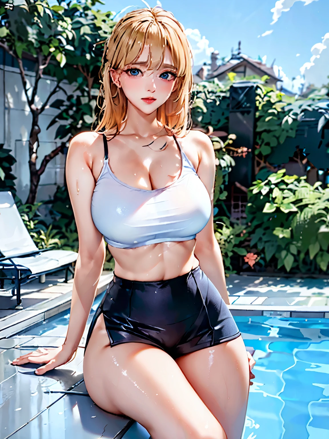 (masterpiece, best quality, cinematic, photorealistic, ultra-detailed), 1girl, thicc, (medium shot:1.5), (wet and soft blonde curly hair), perfect hands, perfect face, (bursting breasts:1.4), round ass, (wearing white string bikinis:1.3), (seductive pose), (blue eyes, detailed pupils, blushing, slightly parted lips, red lips), (showing the armpit), (sitting crossed legs)