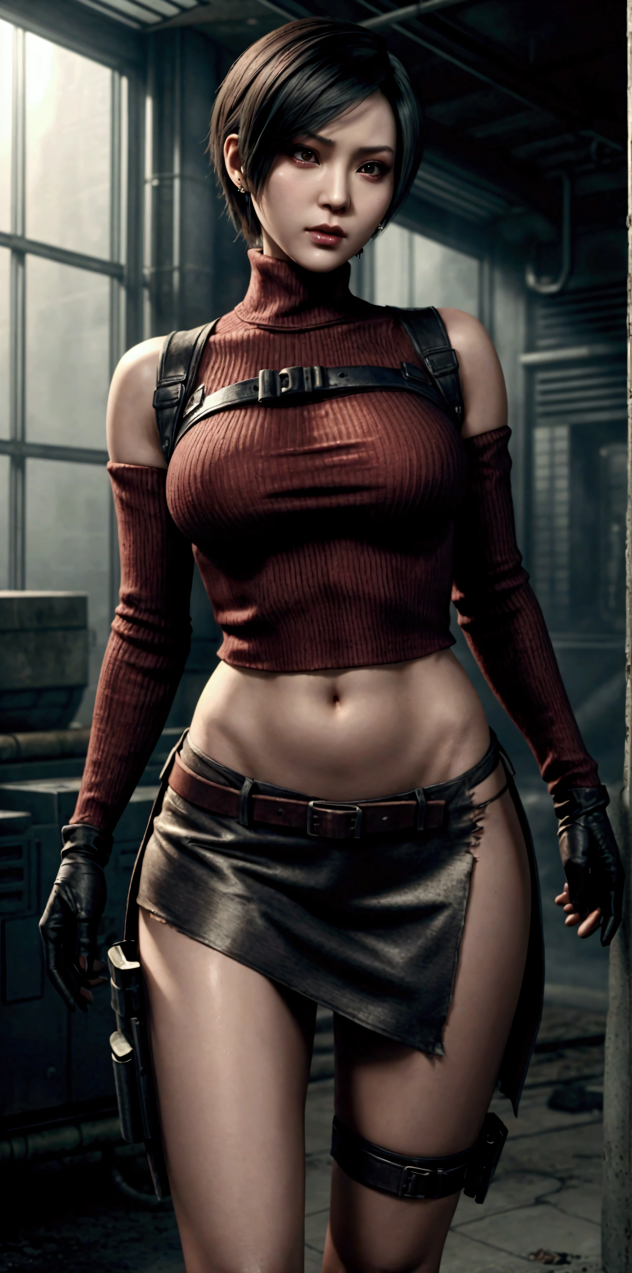 ada wong, torn sweater, sexy pose, thin narrow waist, open legs, realistic skin, earrings, short gloves covered arms, underground biolaboratory background, military belts, resident evil style, open belly, open shoulders, (ragged cloth),