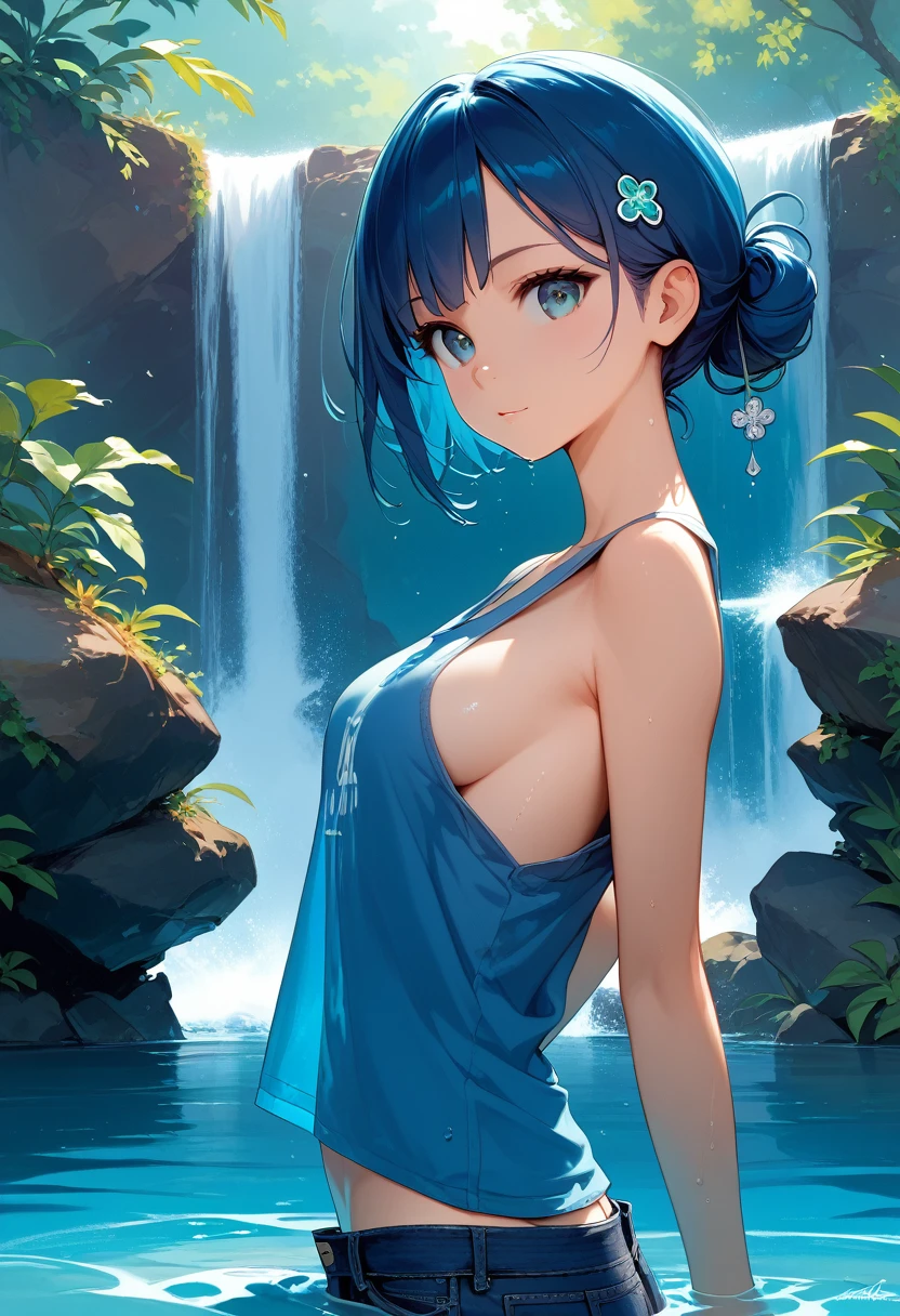 masterpiece,High resolution,Highest quality,8k (female, Slim body,Hairpin) (oversized blue tanktop), loose tanktop, daisy dukes, (looking over her shoulder at viewer), drenched in water, side view, sideboob