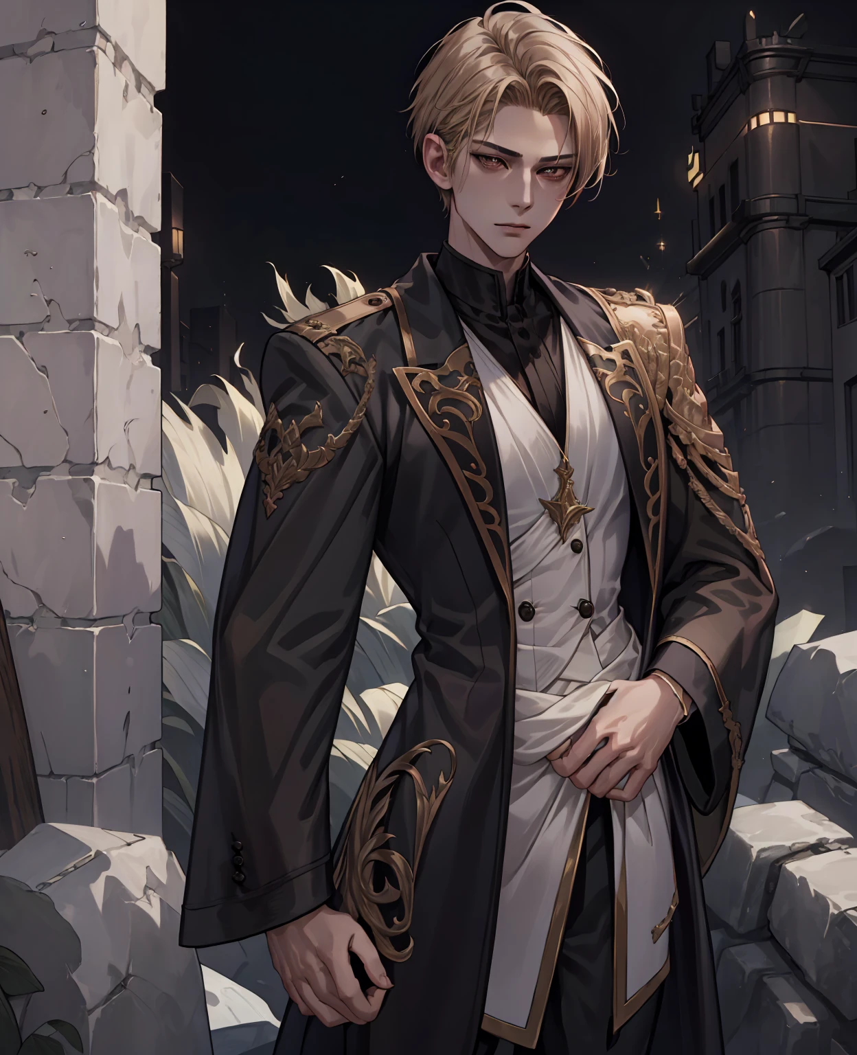 a tall slender young man with dark blonde hair and black eyes, tycoon, elegant suit, confident pose, chiaroscuro lighting, oil painting, intricate details, photorealistic, cinematic, dramatic lighting, moody atmosphere, rich color palette