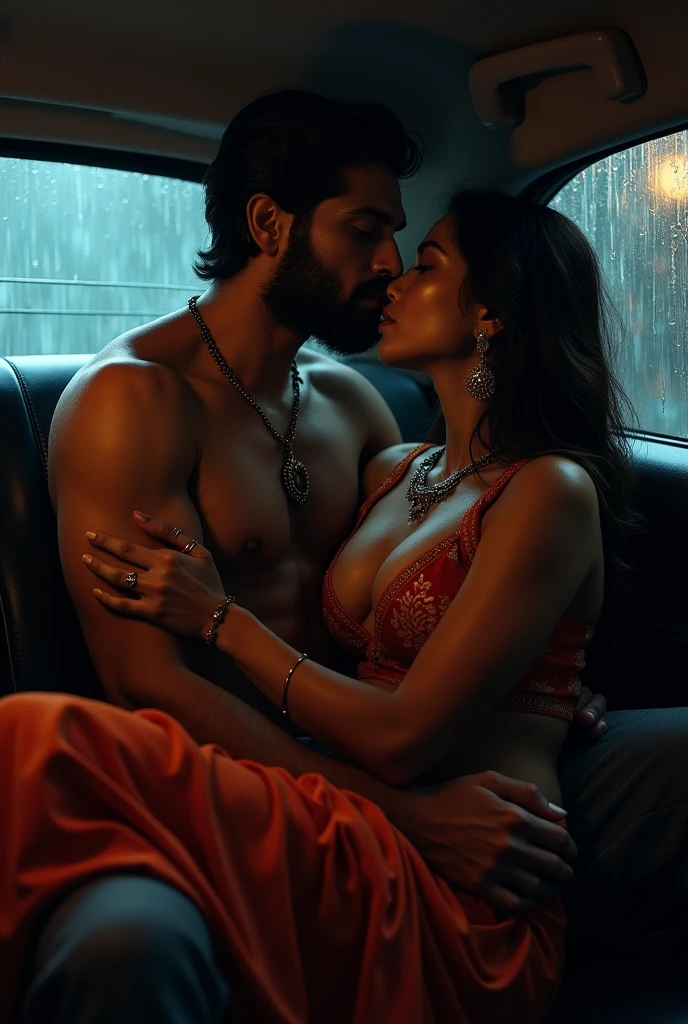 two lovers in a jeep, realistic indian woman and man, romancing at the back seat. the girl is wearing plain simple sari, sari is off her shoulder revealing her plain thin transparent choli, showing deep cleavage, girl sitting on boys lap, boy is hugging from behind and groping her breast from behind