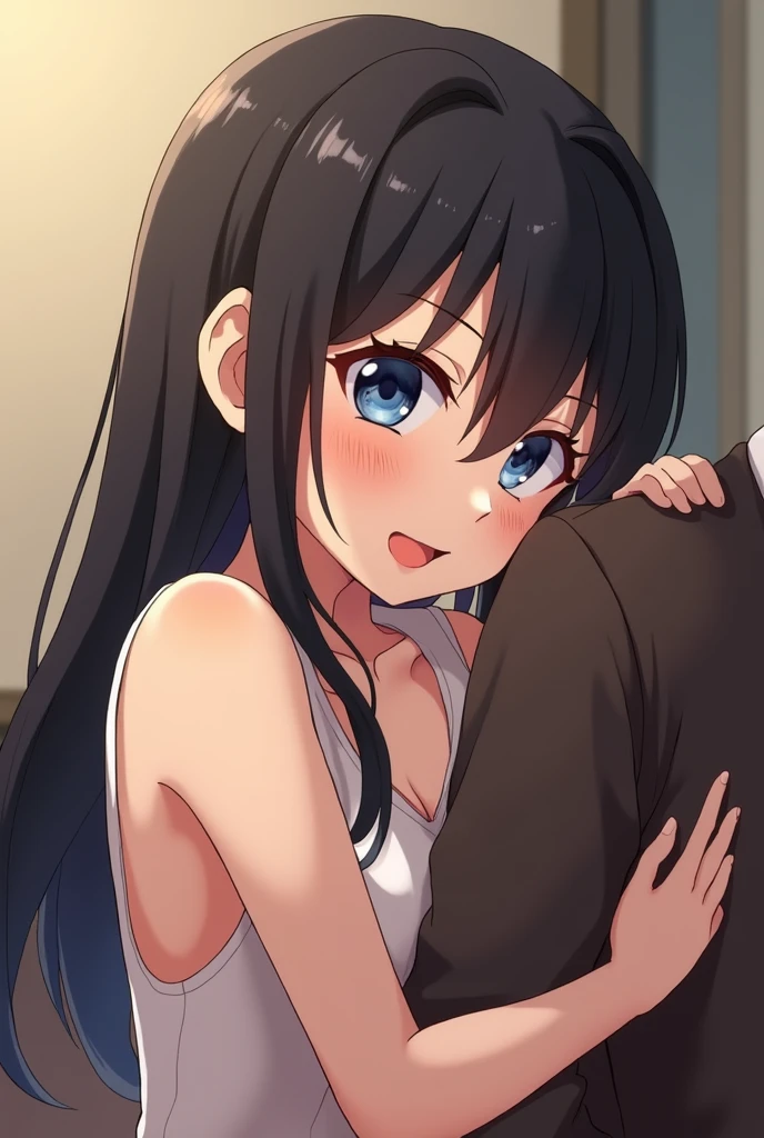 Generate an image of Hoshino Ichika from Project SEKAI. She has long, straight, dark blue hair and light blue eyes. ((Her bangs are long and side-swept)),1girl,nsfw,steam,(topless),1 boy,penis,fellatio,tongue licking,side view,from side,cum to mouth,cum