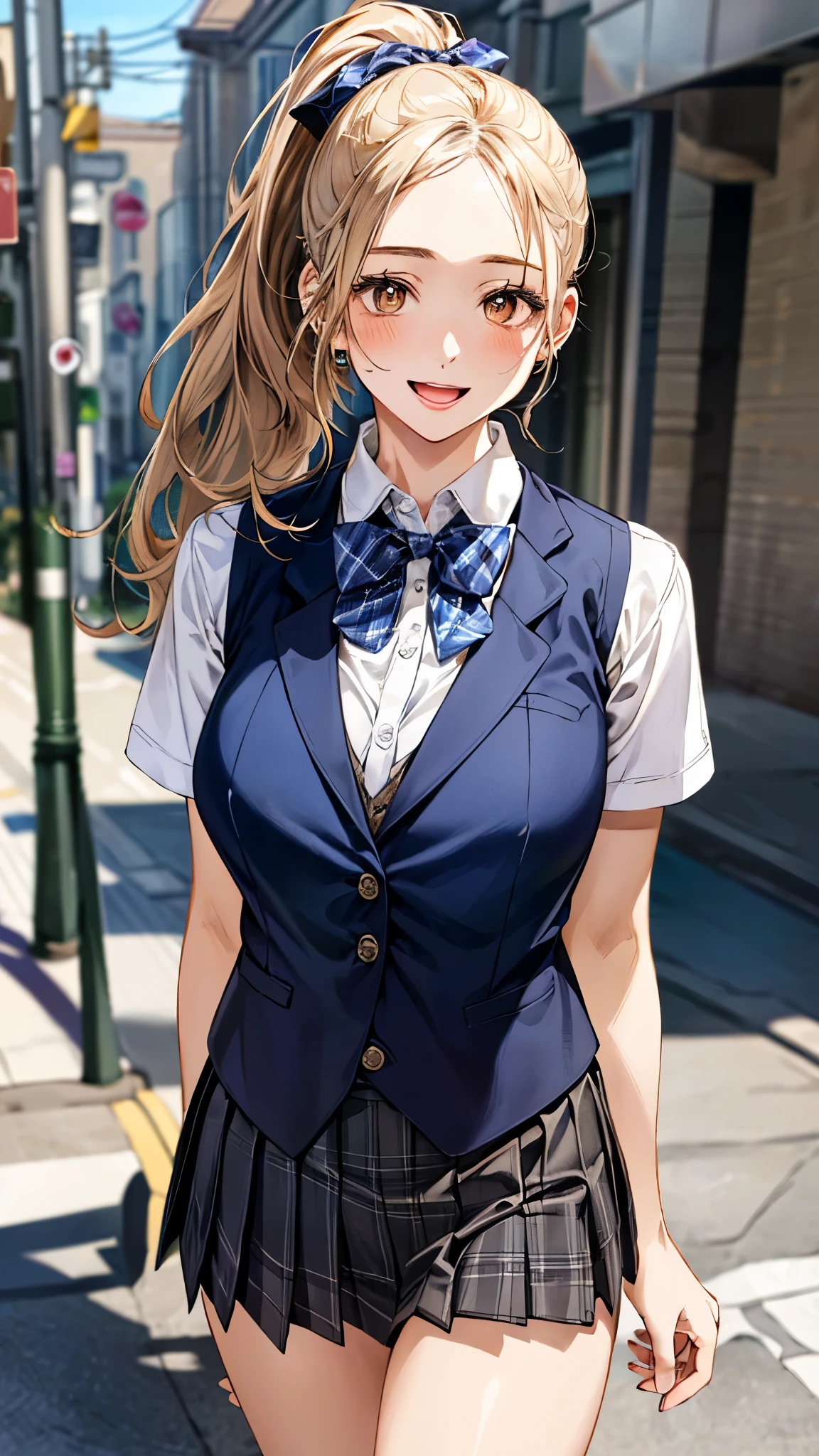 (masterpiece:1.3, top-quality, ultra high res, ultra detailed), (realistic, photorealistic:1.4), beautiful illustration, perfect lighting, natural lighting, colorful, depth of fields, surrealism,
beautiful detailed hair, beautiful detailed face, beautiful detailed eyes, beautiful clavicle, beautiful body, beautiful chest, beautiful thigh, beautiful legs, beautiful fingers, shiny skin, babyface,
looking at viewer, 1 girl, japanese, high school girl, (perfect anatomy, anatomically correct, super detailed skin), cute and symmetrical face, perfect face, perfect eyes,
(long hair, (two side up), straight hair, sandy beige hair), asymmetrical bangs, blue eyes, big eyes, long eyelashes, (large breasts:1.2, seductive thighs), slender, outstanding style,
((detailed cloth texture, break,break, white collared shirt, break,break, navy blue suit vest, break,break, blue plaid pleated skirt, break,break, purple blue bow tie), break,break, white socks, black loafer),
(beautiful scenery), evening, (downtown), walking, (arms behind back), (lovely smile, upper eyes, open mouth),