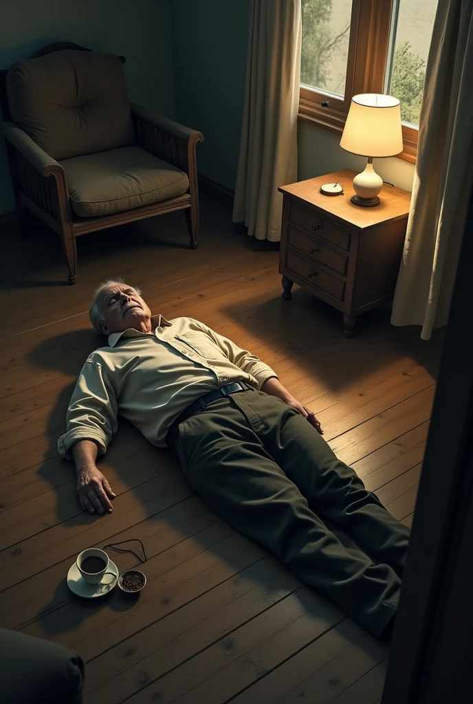 An image of an elderly man falling hard down the stairs due to a stroke, leaving him paralyzed. 