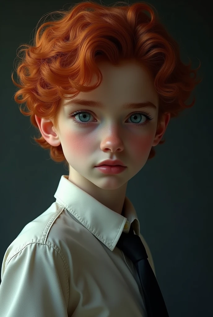 young man of . Her skin is soft and looks like porcelain. His face is angelic. his eyebrows aligned. thick lips. straight nose. big gray eyes. Her hair is wavy, a deep orange color. Wear linen and silk fabrics. He looks crestfallen, profile view. his eyes look down. His look is sad, because he will soon be sold as a slave.
