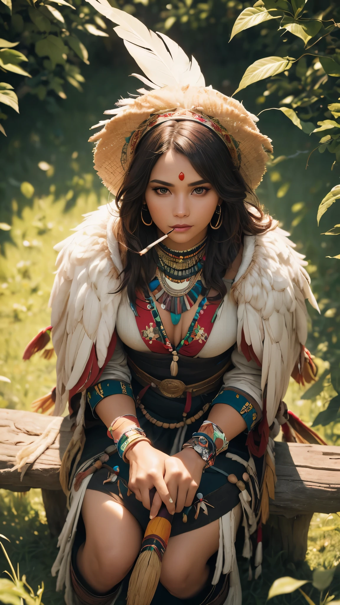 ((high detailed, best quality, 4k, masterpiece, hd:1.3)), ((best quality)), (((HD))), (((8k))), (ultraDH), (ultra HD), a native amarican woman, sitting in open grassland, wearing stereotypical feathered native american garb, smoking a peace pipe, gorgeous scenery, cinematography in style of peter jackson, (from above:1.3), (beautiful face:1.6), (heavy colorful makeup), (perfect hands, perfect anatomy)