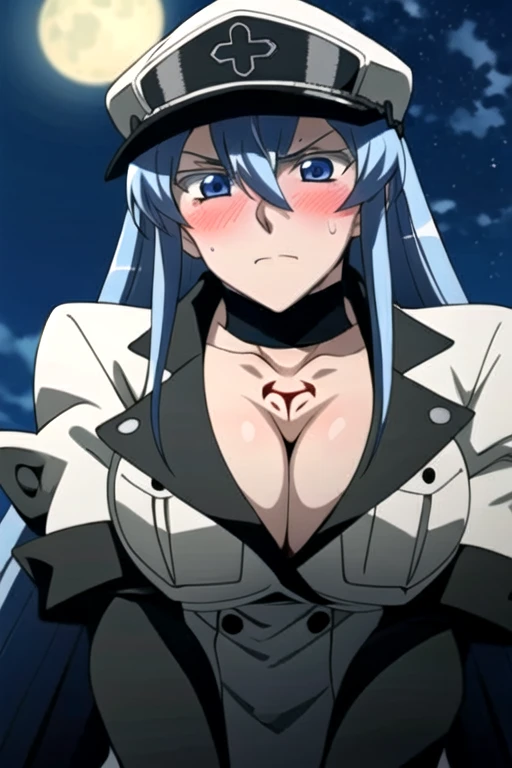 Esdeath, aroused facial expression, angry eyebrows, closed mouth, blush, sweat, breasts, large breasts, hat, cleavage, choker, hair between eyes, uniform, military, military uniform, tattoo, peaked cap, chest_tattoo, (simple dark background), night time, view from below