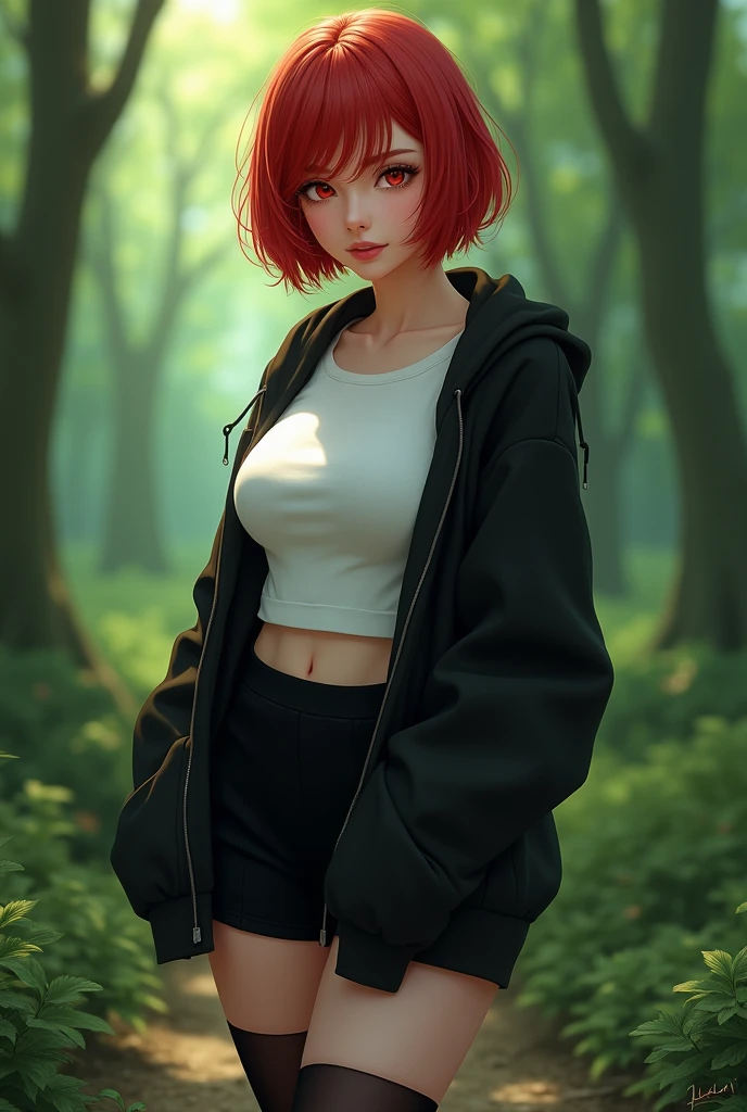1girl, Solo, High Resolution, Breasts, Looking at viewer, Short Hair, Red Eyes, Hair Between Eyes, Red hair, From Below, Depth Of Field, Chromatic Aberration, Body, Anatomically Correct, background forest, black hoodie, short skirt, stockings, white tshirt, stand straight