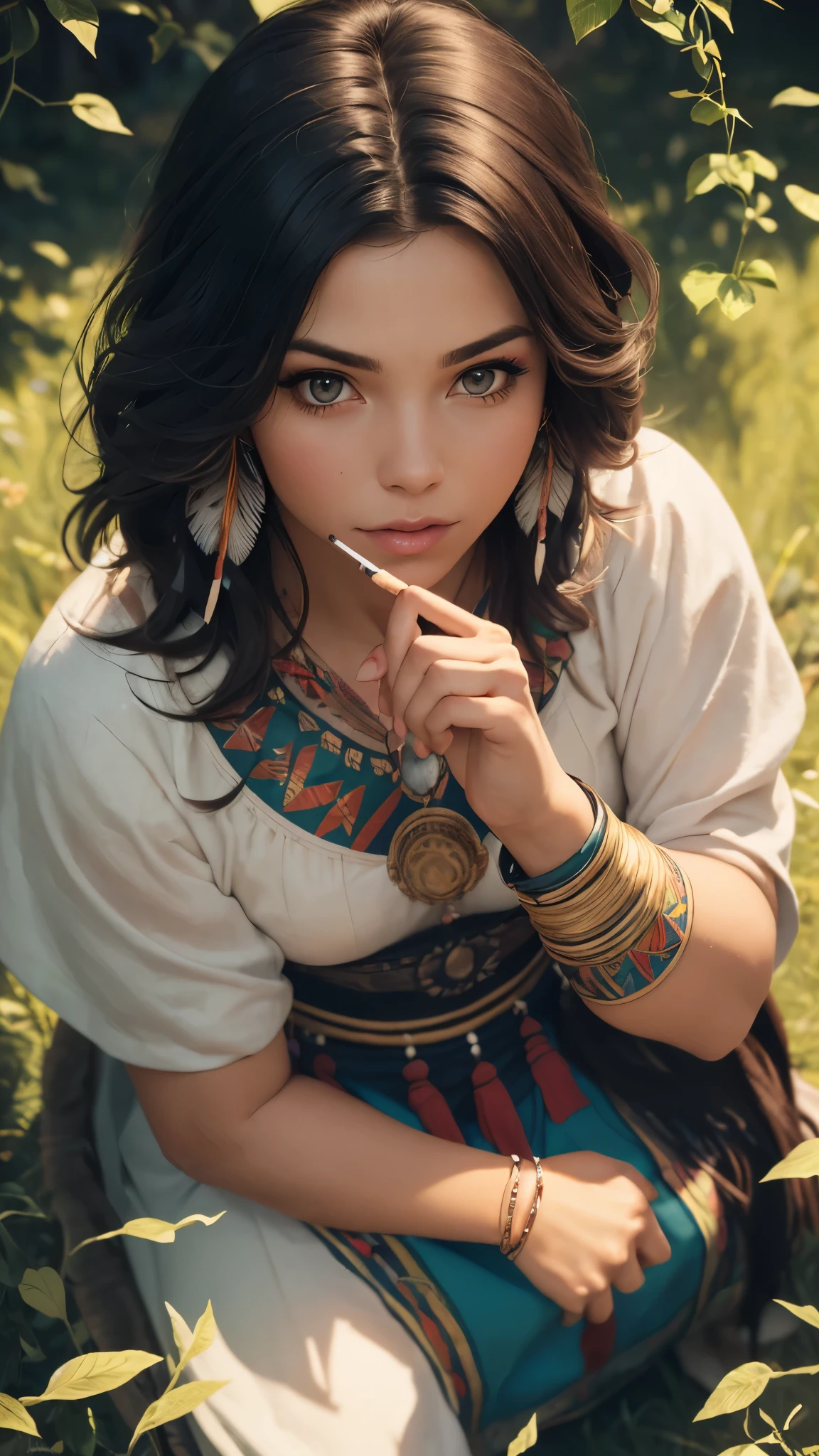 ((high detailed, best quality, 4k, masterpiece, hd:1.3)), ((best quality)), (((HD))), (((8k))), (ultraDH), (ultra HD), a native amarican woman, sitting in open grassland, wearing stereotypical feathered native american garb, smoking a peace pipe, gorgeous scenery, cinematography in style of peter jackson, (from above:1.3), (beautiful face:1.6), (heavy colorful makeup), (perfect hands, perfect anatomy)
