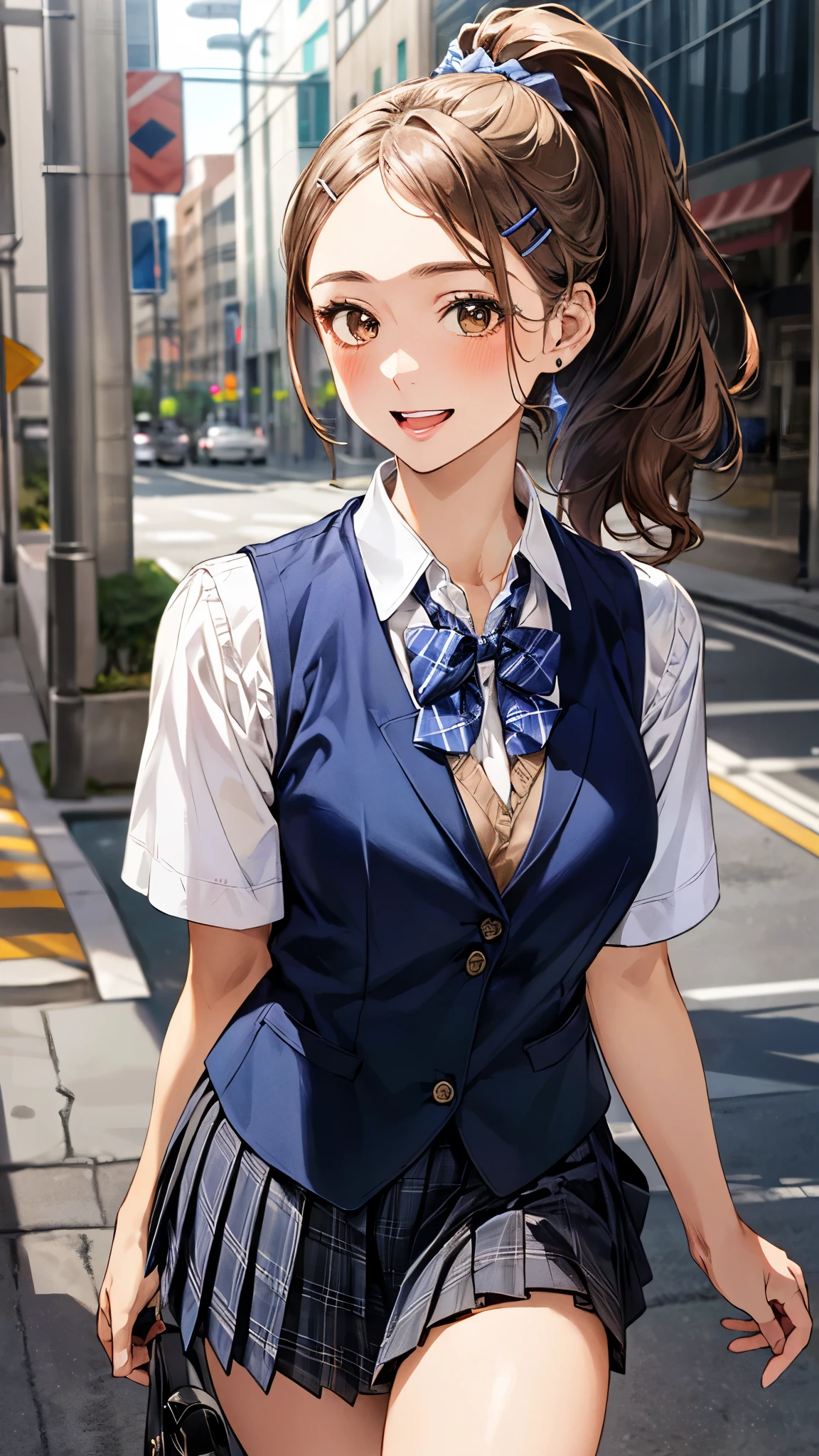 Anime girl in school uniform walking down the street with a purse ...