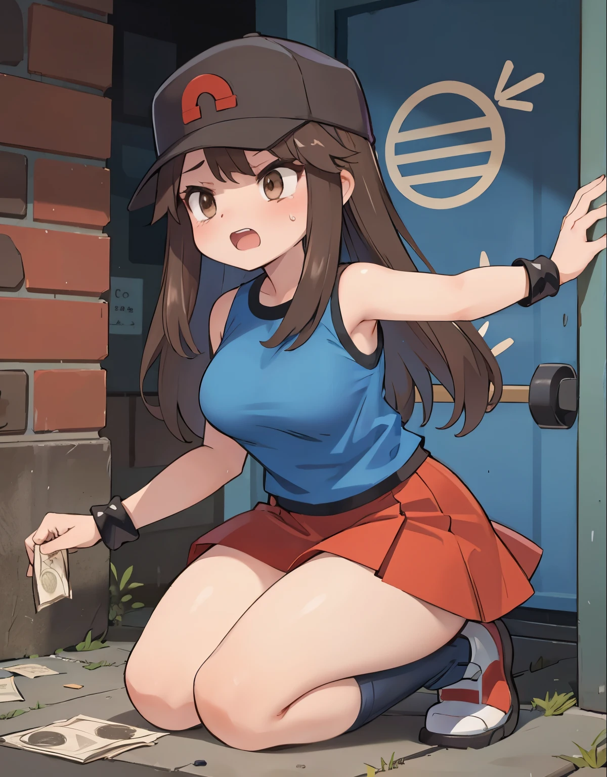 a girl ( 1trainerleaf1, sleeveless shirt, black wristbands, visible thighs,thick thighs,red skirt,blue shirt, brown eyes, hat) having anal sex with a middle-aged man, she cries, They are both in a dark alley, the girl is being subdued by the man, money and trash on the ground, sex scene, flash boos, lift boobs, 