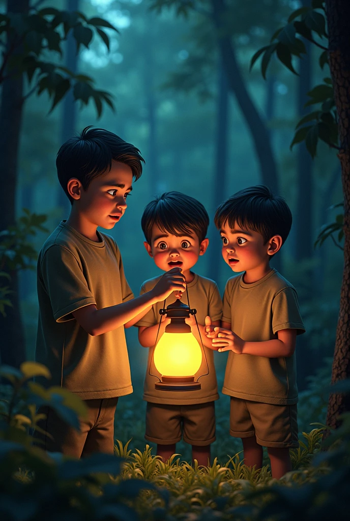 Young boy talking his 3 friend in horrer room at night time