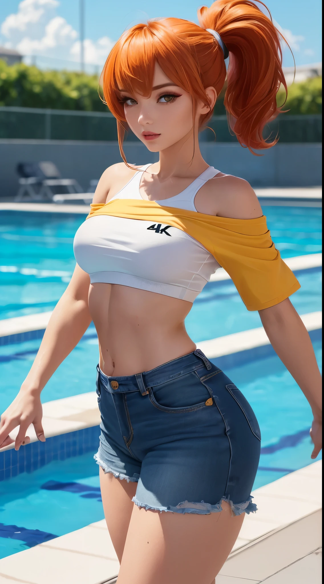 ((high detailed, best quality, 4k, masterpiece, hd:1.3)), ((best quality)), (((HD))), (((8k))), (ultraDH), (ultra HD), Misty cosplay, poke-trainer, short ginger hair, european skin tone, gorgeous make-up, small breasts, outdoor swimming pool, wearing yellow crop-top and tight jean cutoffs, gorgeous slender feminine body, T-pose, thighs out, (sporty hottie:1.5), (breasts focus), (from front:1.3), (from abovee:1.1), (shoulders out:1.3), (thighs out:1.3), (breast out:1.3), (off shoulder:1.2), (heavy colorful makeup), (perfect hands, perfect anatomy)