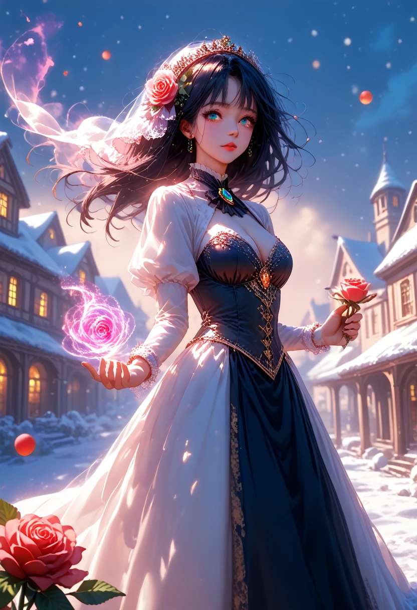 Anime girl, gorgeous, sexy, Ideal Anatomy, Lush Long Very Black Hair Color Black, Big Big Beautiful Eyes,Creates Flower Magic, roses, violets, Different flowers, Full Snow Background, bright colors, village, blizzard, wind, snowstorm, magic, everything is glowing, Beautifully Captures the Eye, Фон village в Снегу много снега, snowman, score_9, score_8_up, score_7_up, dramatic lighting, highly detailed, high budget, bokeh, cinemascope, moody, epic, gorgeous, film grain, grainy, masterpiece, best quality, perfect anatomy, very aesthetic, official art, 8k, Shine, novuschroma70 style, magic of painting, Nice Colors Shadows, pfstyle