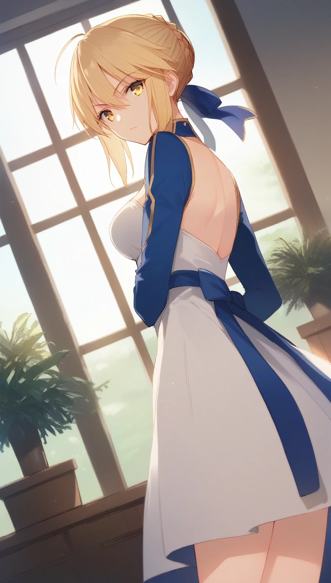 score_9 score_8_up score_7_up score_6_up score_5_up score_4_up BREAK source_anime, 1girl, dress, Artoria Pendragon, yellow eyes, blonde woman, warrior, indoors, potted plant, window, sunlight, by kasumi (skchkko), looking at viewer, serious, dutch angle, braid,