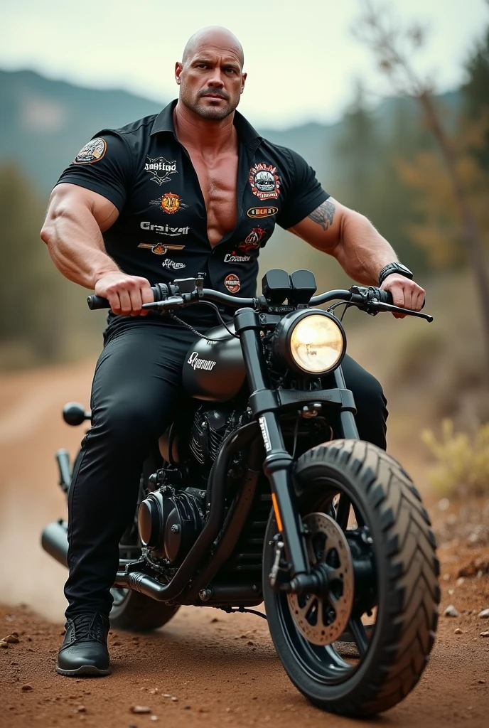 Big body builder bald white men wearing unbuttoned black double pocket check shirt with logos sitting on heavy motor bike in mountain area 