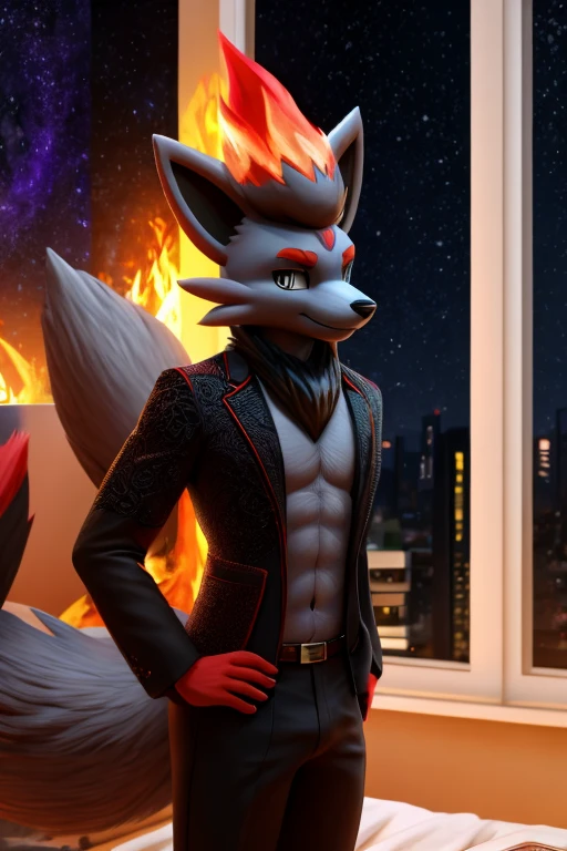 work of art, high qualiy, 4K, beautiful design, Ablaze, Furry, nine tail fox, zorua, male, Waering a Blazer, Showing extremely detailed chest, incredible, fine-details, hyperrealisti, 3d, octane rendering, standing alone, tecido Ablaze, posing in an apartment overlooking the starry sky, Black Embroidery, (by_PenguinEX:1.0)