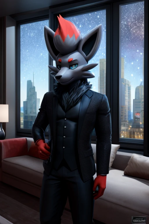 work of art, high qualiy, 4K, beautiful design, Ablaze, Furry, nine tail fox, zorua, male, Waering a Blazer, Showing extremely detailed chest, incredible, fine-details, hyperrealisti, 3d, octane rendering, standing alone, tecido Ablaze, posing in an apartment overlooking the starry sky, Black Embroidery, (by_PenguinEX:1.0)