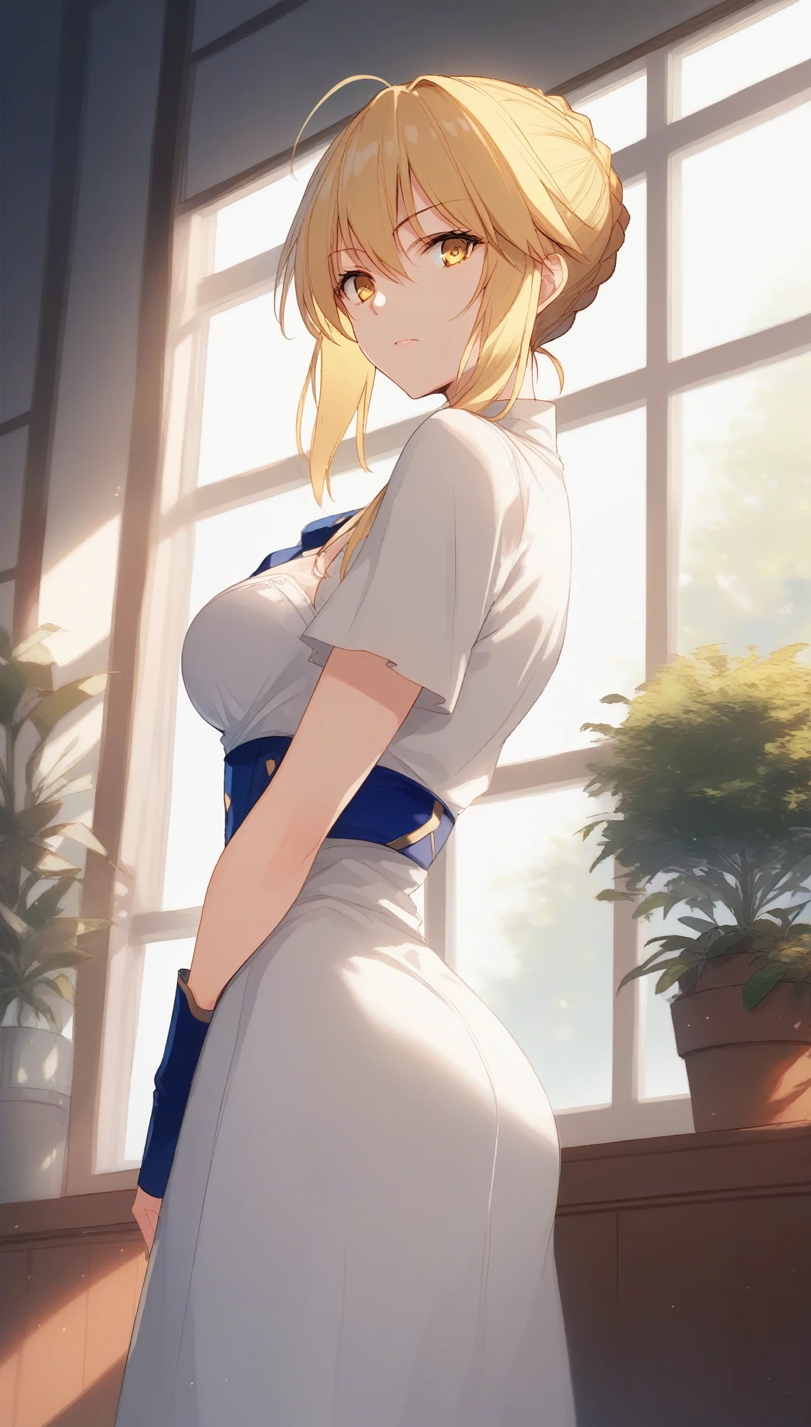 score_9 score_8_up score_7_up score_6_up score_5_up score_4_up BREAK source_anime, 1girl, dress, Artoria Pendragon, yellow eyes, blonde woman, warrior, indoors, potted plant, window, sunlight, by kasumi (skchkko), looking at viewer, serious, dutch angle, braid,