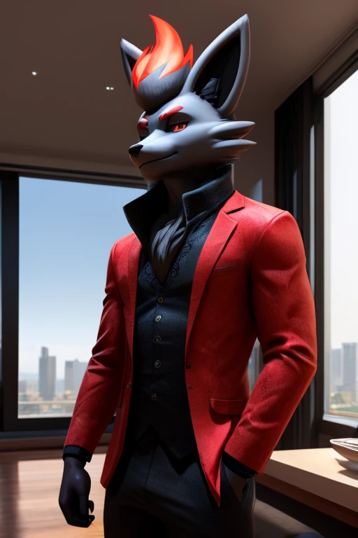 work of art, high qualiy, 4K, beautiful design, Ablaze, Furry, nine tail fox, zorua, male, Waering a Blazer, Showing extremely detailed chest, incredible, fine-details, hyperrealisti, 3d, octane rendering, standing alone, tecido Ablaze, posing in an apartment overlooking the sky,  Black Embroidery, (by_KuroPenguinEX:1.3)