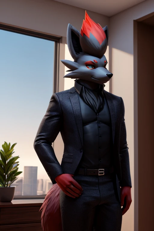 work of art, high qualiy, 4K, beautiful design, Ablaze, Furry, nine tail fox, zorua, male, Waering a Blazer, Showing extremely detailed chest, incredible, fine-details, hyperrealisti, 3d, octane rendering, standing alone, tecido Ablaze, posing in an apartment overlooking the sky,  Black Embroidery, (by_KuroPenguinEX:1.3)