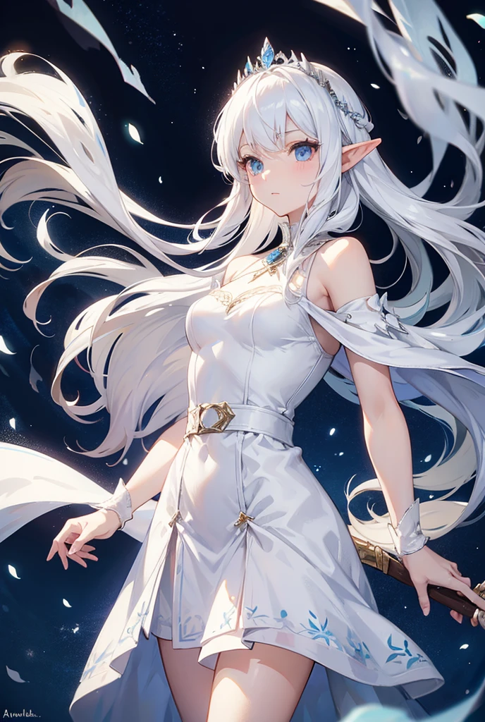 Anime elf girl. White hari, pink eyes, full hd, high quality, best quality, perfect body, wearing elf dress