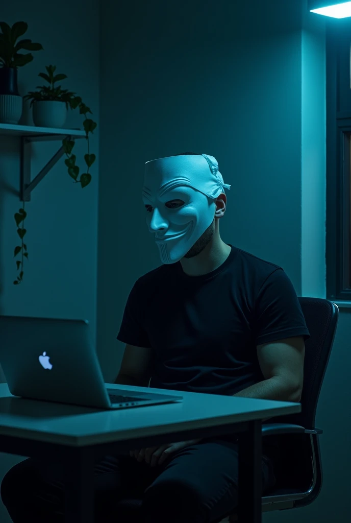 A photo of a man wearing a mask , sitting at a table. The table has a laptop, a book, and a cup. The background contains a stock market screen, anime posters, and gaming controllers.