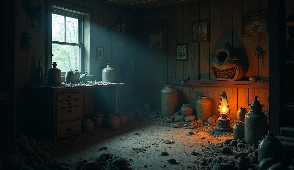 hyper real photo of ((naked woman inside a cluttered barn )), ((detailed realistic face and eyes)), cinematic lighting, 8k resolution, (modelshoot style), sunset, (from_below:1.4), soft small covered by (ripped torn cotton tanktop), natural breasts