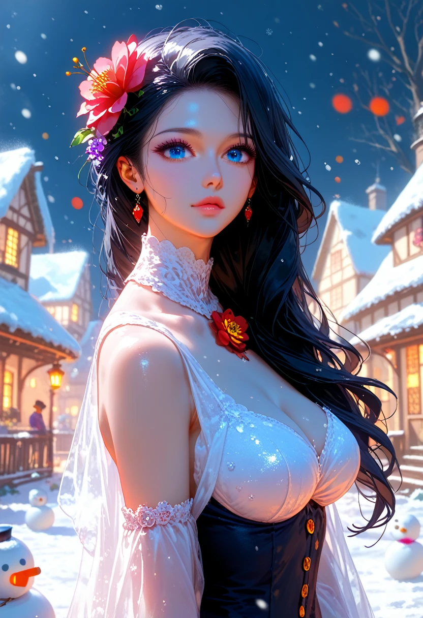 Anime girl, gorgeous, sexy, Ideal Anatomy, Lush Long Very Black Hair Color Black, Big Big Beautiful Eyes,Creates Flower Magic, violets, Different flowers, Full Snow Background, bright colors, village, blizzard, wind, snowstorm, magic, everything is glowing, Beautifully Captures the Eye, Фон village в Снегу много снега, snowman, score_9, score_8_up, score_7_up, dramatic lighting, highly detailed, high budget, bokeh, cinemascope, moody, epic, gorgeous, film grain, grainy, masterpiece, best quality, perfect anatomy, very aesthetic, official art, 8k, Shine, novuschroma70 style, magic of painting, Nice Colors Shadows, pfstyle