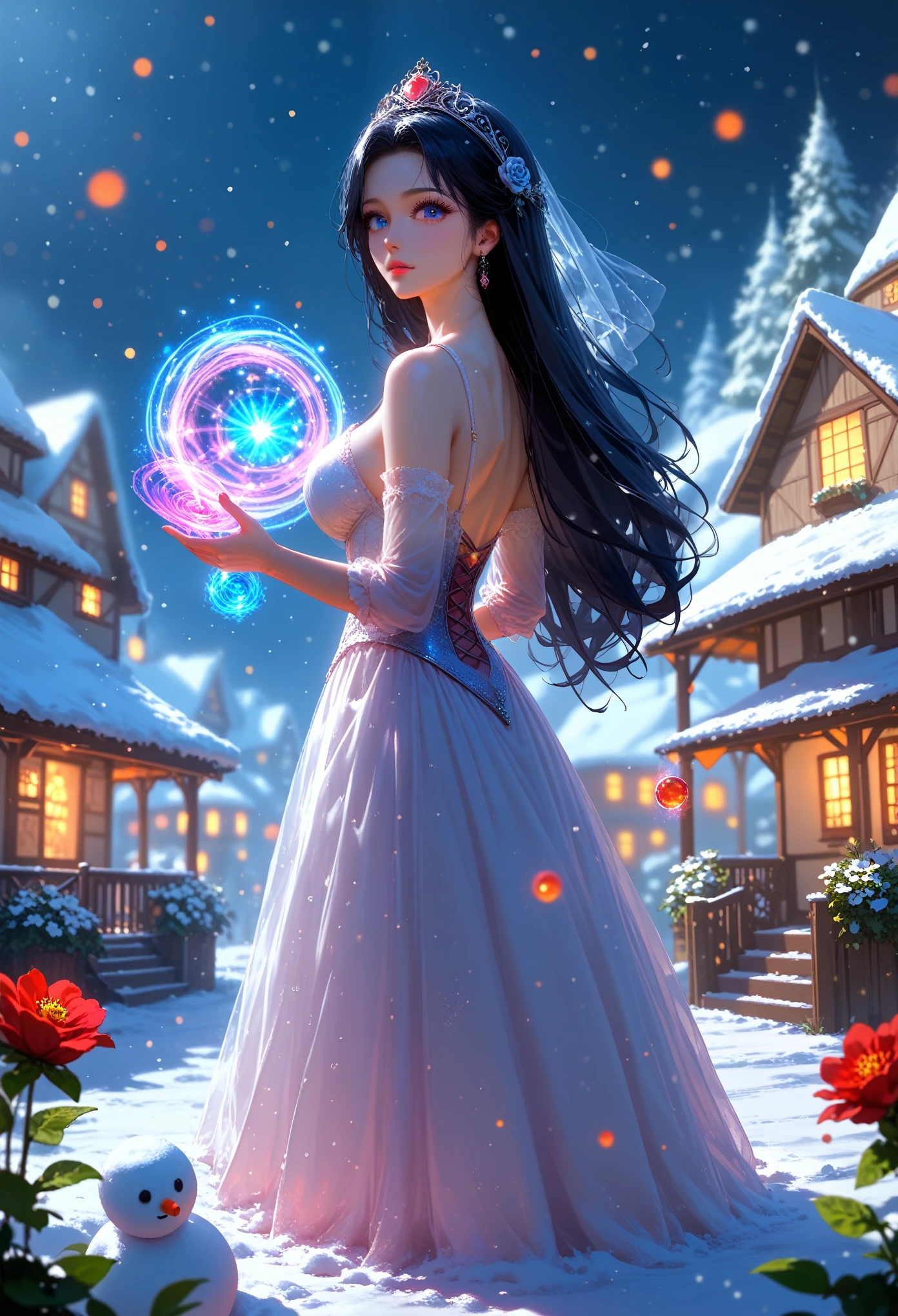 Anime girl, gorgeous, sexy, Ideal Anatomy, Lush Long Very Black Hair Color Black, Big Big Beautiful Eyes,Creates Flower Magic, violets, Different flowers, Full Snow Background, bright colors, village, blizzard, wind, snowstorm, magic, everything is glowing, Beautifully Captures the Eye, Фон village в Снегу много снега, snowman, score_9, score_8_up, score_7_up, dramatic lighting, highly detailed, high budget, bokeh, cinemascope, moody, epic, gorgeous, film grain, grainy, masterpiece, best quality, perfect anatomy, very aesthetic, official art, 8k, Shine, novuschroma70 style, magic of painting, Nice Colors Shadows, pfstyle