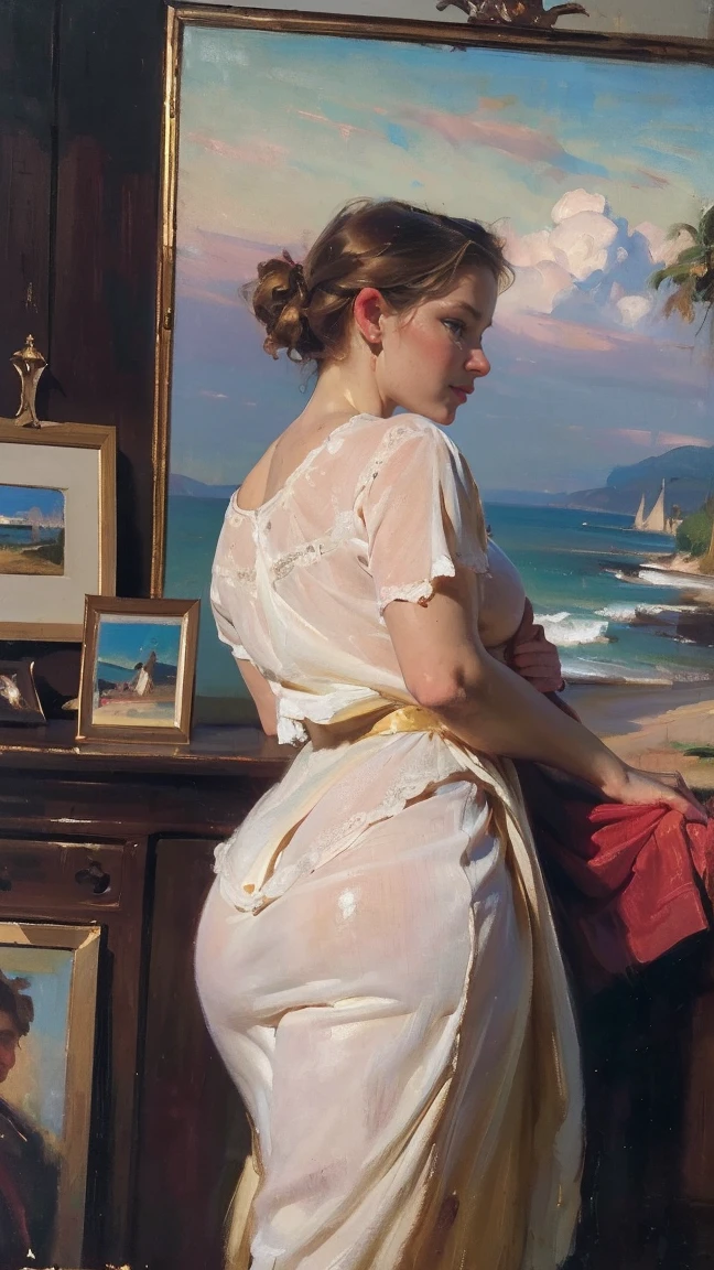 (best qualityer,4K,8k,high resolution,work of art:1.2),ultra detali,(realisitic,photorealisitic,photo-realisitic:1.37),Broad Hips,thick-thighs,oil painting by Sargent,view from behind,he finished,NSFW