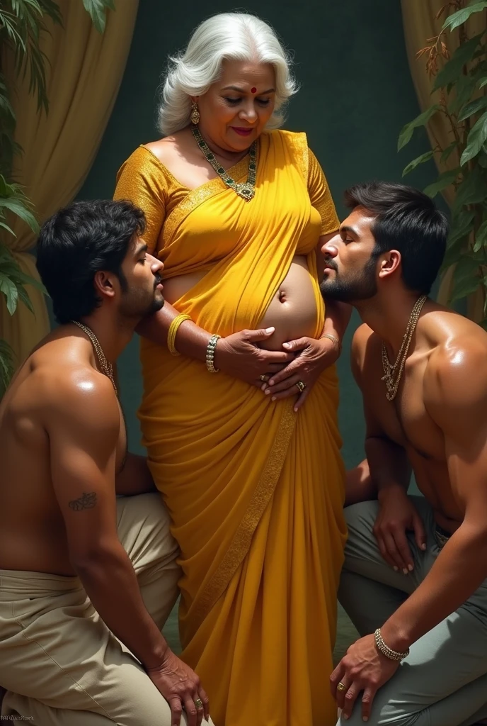 A sexy housewife, with a curvy and chubby but very physically fit body typical of Indian beauty though she is bit curvy and chubby in a hot sexy way her belly is flat toned though. And her breast are very large atleast 38D, She wears aree below her navel, she has her navel pierced. She lives in a village. Her figure is like Tamanaah Bhatia, sexy woman with belly exposure and cleavage. 
It should love triangle scenario. With two muslim men with their muslim cap and one sexy hindu housewife with mangalsutra and sindoor in her hair and sexy saree