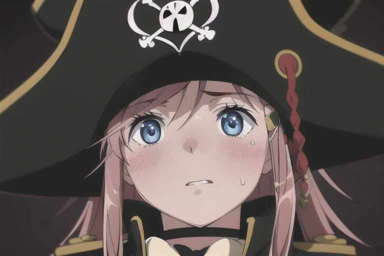 masterpiece, best quality, 1girl, detailed face and eyes, big breasts, cleavage, Katou Marika, (black pirate costume), long coat, (black pirate hat), looking at the viewer, facing the viewer, (aroused facial expression), parted lips, blush, sweat, (simple dark background), view from below