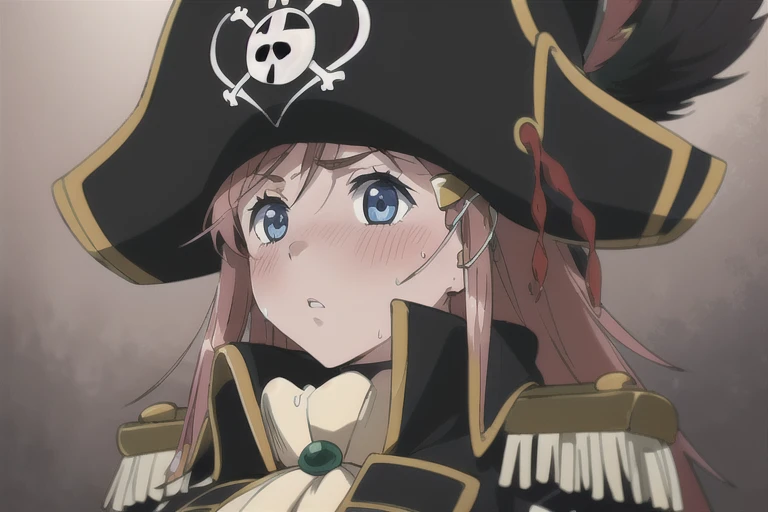 masterpiece, best quality, 1girl, detailed face and eyes, big breasts, cleavage, Katou Marika, (black pirate costume), long coat, (black pirate hat), looking at the viewer, facing the viewer, (aroused facial expression), parted lips, blush, sweat, (simple dark background), view from below