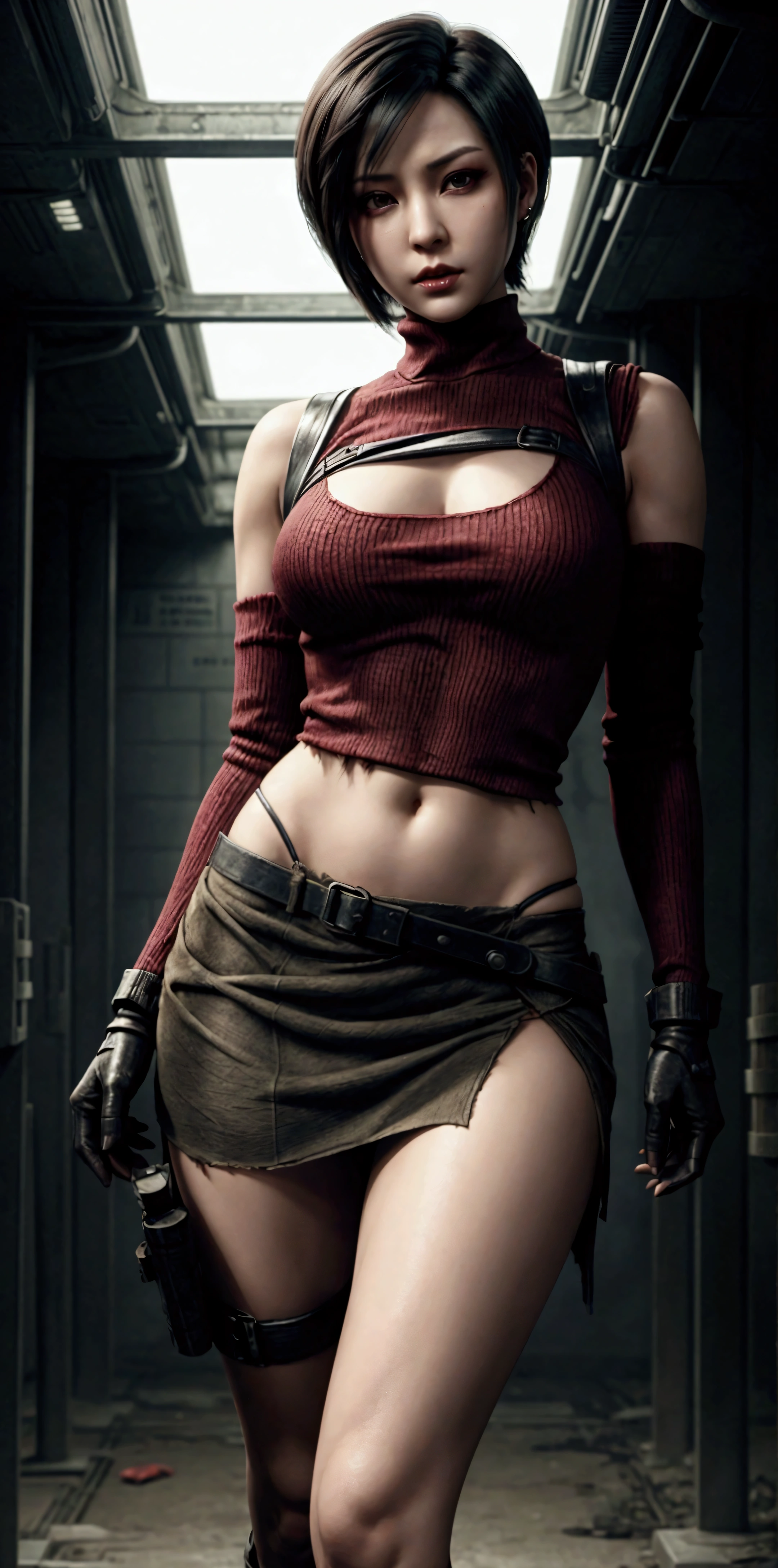 ada wong, torn ragged sweater, sexy pose, thin narrow waist, open legs, realistic skin, earrings, short gloves covered arms, underground biolaboratory background, military belts, resident evil style, open belly, open shoulders, (ragged cloth),