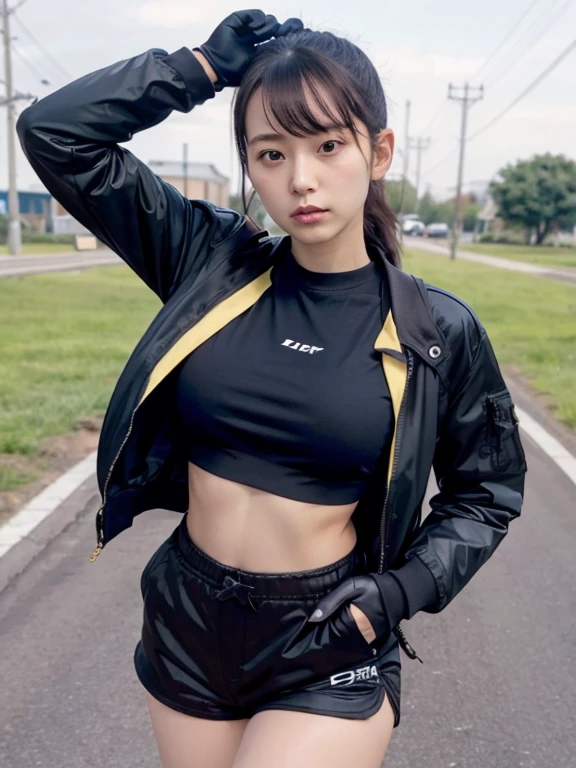 (Very realistic), (Highest quality), ((round, small and precise face)), Glowing Skin, Shiny skin,Wide Hips,Woman with a small waist 1,Yokozaki beauty々,black gloves,watch,Iris,short Shorts,black Shorts, Short boots, gloves, ponytail,Jacket,Shorts, Black Hair,long hair,Big Breasts,Adult women,Lots of bangs,Serious expression,Fighting figure,Sweating