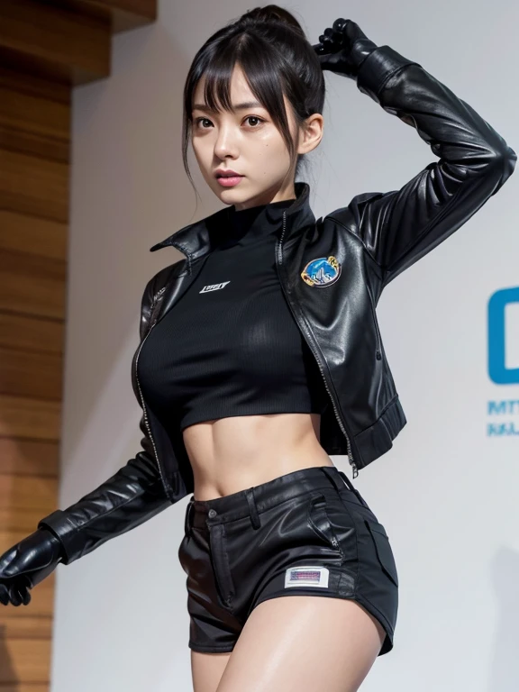 (Very realistic), (Highest quality), ((round, small and precise face)), Glowing Skin, Shiny skin,Wide Hips,Woman with a small waist 1,Yokozaki beauty々,black gloves,watch,Iris,short Shorts,black Shorts, Short boots, gloves, ponytail,Jacket,Shorts, Black Hair,long hair,Big Breasts,Adult women,Lots of bangs,Serious expression,Fighting figure,Sweating