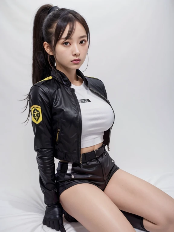 (Very realistic), (Highest quality), ((round, small and precise face)), Glowing Skin, Shiny skin,Wide Hips,Woman with a small waist 1,Yokozaki beauty々,black gloves,watch,Iris,short Shorts,black Shorts, Short boots, gloves, ponytail,Jacket,Shorts, Black Hair,long hair,Big Breasts,Adult women,Lots of bangs,Serious expression,Fighting figure,Sweating