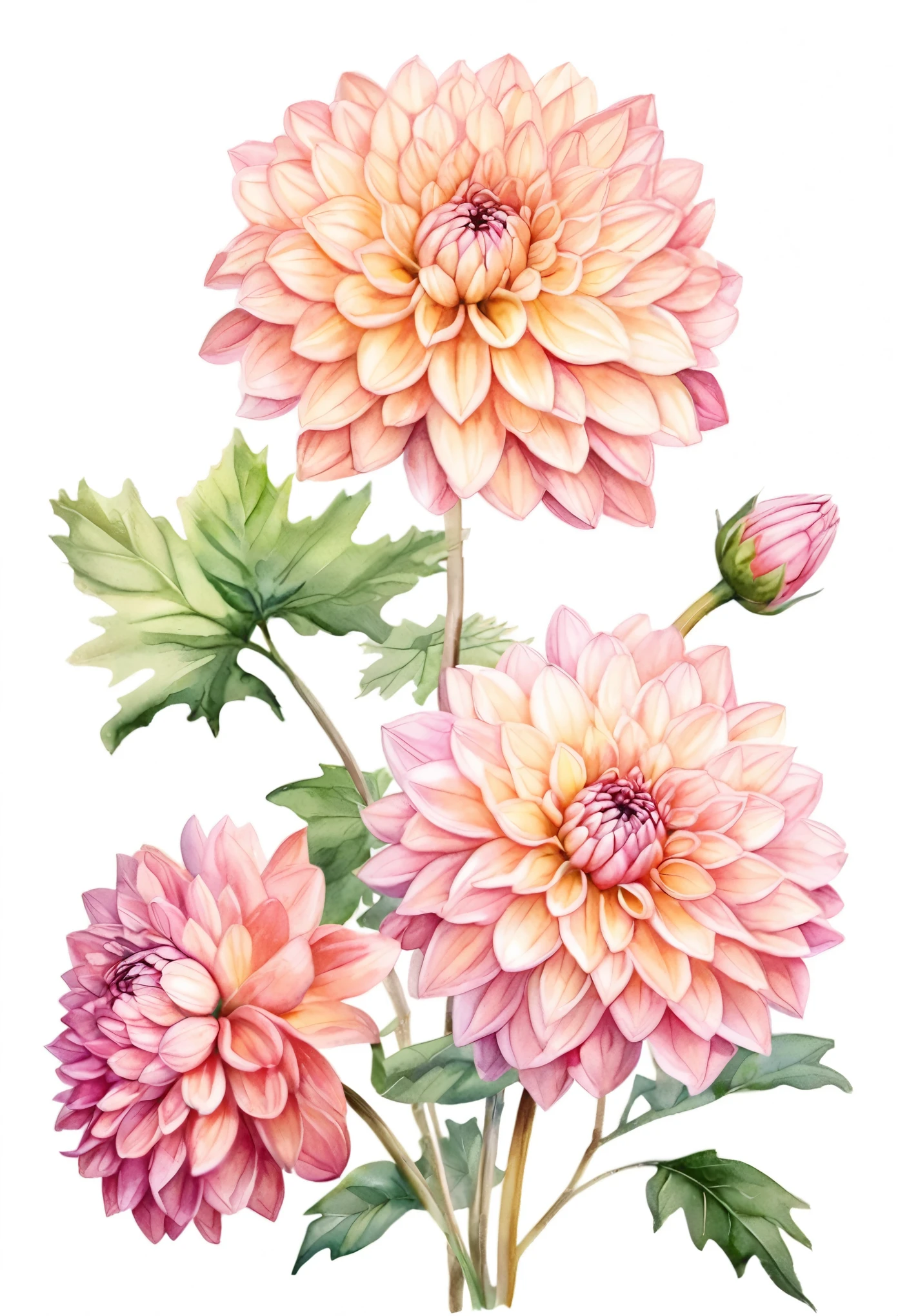 watercolor illustration of spring pink Dahlia flower, isolated white background, vintage oil paint style