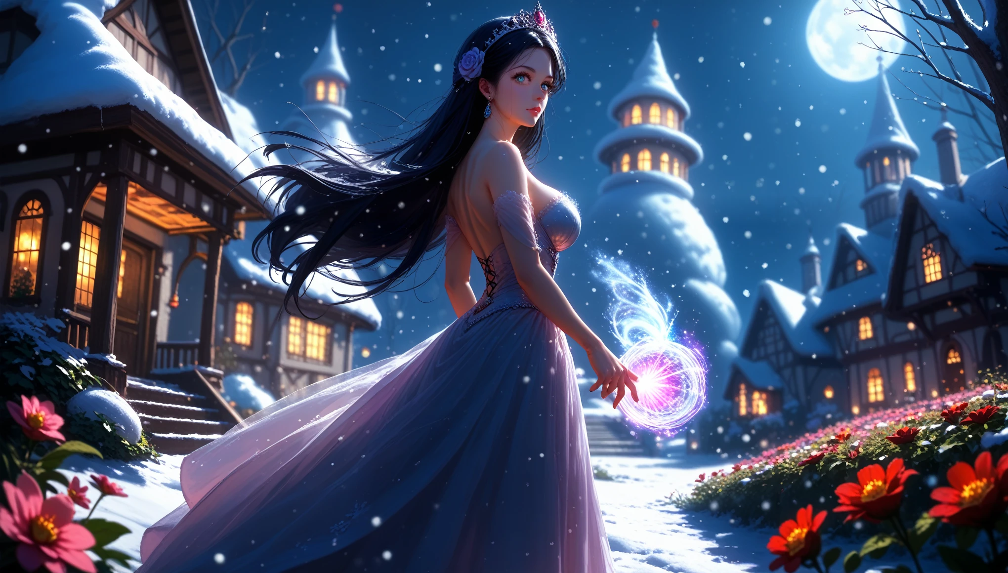 Anime girl, gorgeous, sexy, Ideal Anatomy, Lush Long Very Black Hair Color Black, Big Big Beautiful Eyes,Creates Flower Magic, violets, Different flowers, Full Snow Background, bright colors, village, blizzard, wind, snowstorm, magic, everything is glowing, Beautifully Captures the Eye, Фон village в Снегу много снега, snowman, score_9, score_8_up, score_7_up, dramatic lighting, highly detailed, high budget, bokeh, cinemascope, moody, epic, gorgeous, film grain, grainy, masterpiece, best quality, perfect anatomy, very aesthetic, official art, 8k, Shine, novuschroma70 style, magic of painting, Nice Colors Shadows, pfstyle