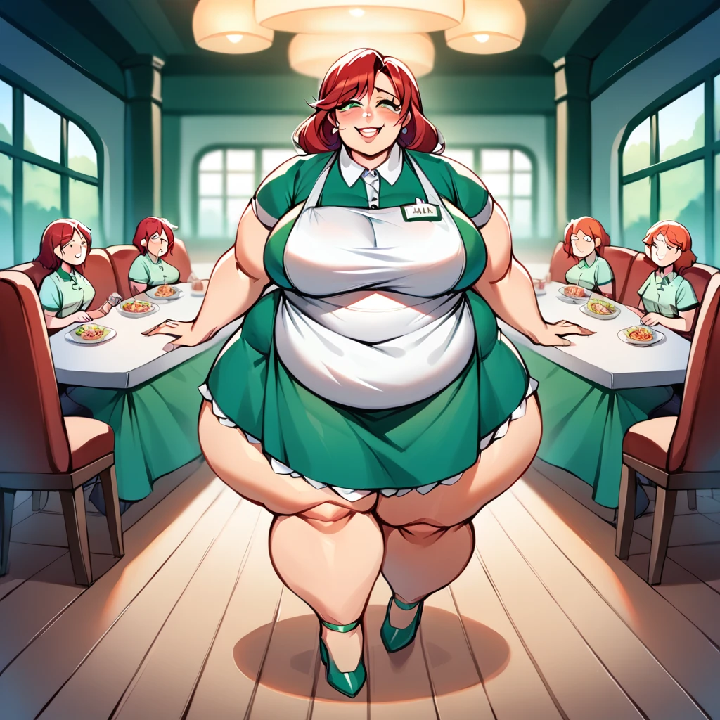 masterpiece, best quality, super detail, 4k, 1girl, anime girl, milf, (female ssbbw, covered modestly, modestly dressed,waering green waitress uniform, wearing apron:1.1), bbw, face clearly visible, wide ssbbw, massive belly, long red hair down to floor, large breasts:2.0,, hanging belly, high heels, extremely wide hips:2.0, massive thighs:2.0, massive calves, malicious smile, aroused, (getting turned on, standing,  wandering in a post apocalypse forest, eyes open, facing me, eyes very well defined (high priority), pupils very well defined(High priority)),(Face close to viewpoint) , Image in anime style, add detail, Background:(restaurant), face takes pov, high detail eyes, high detail pupils