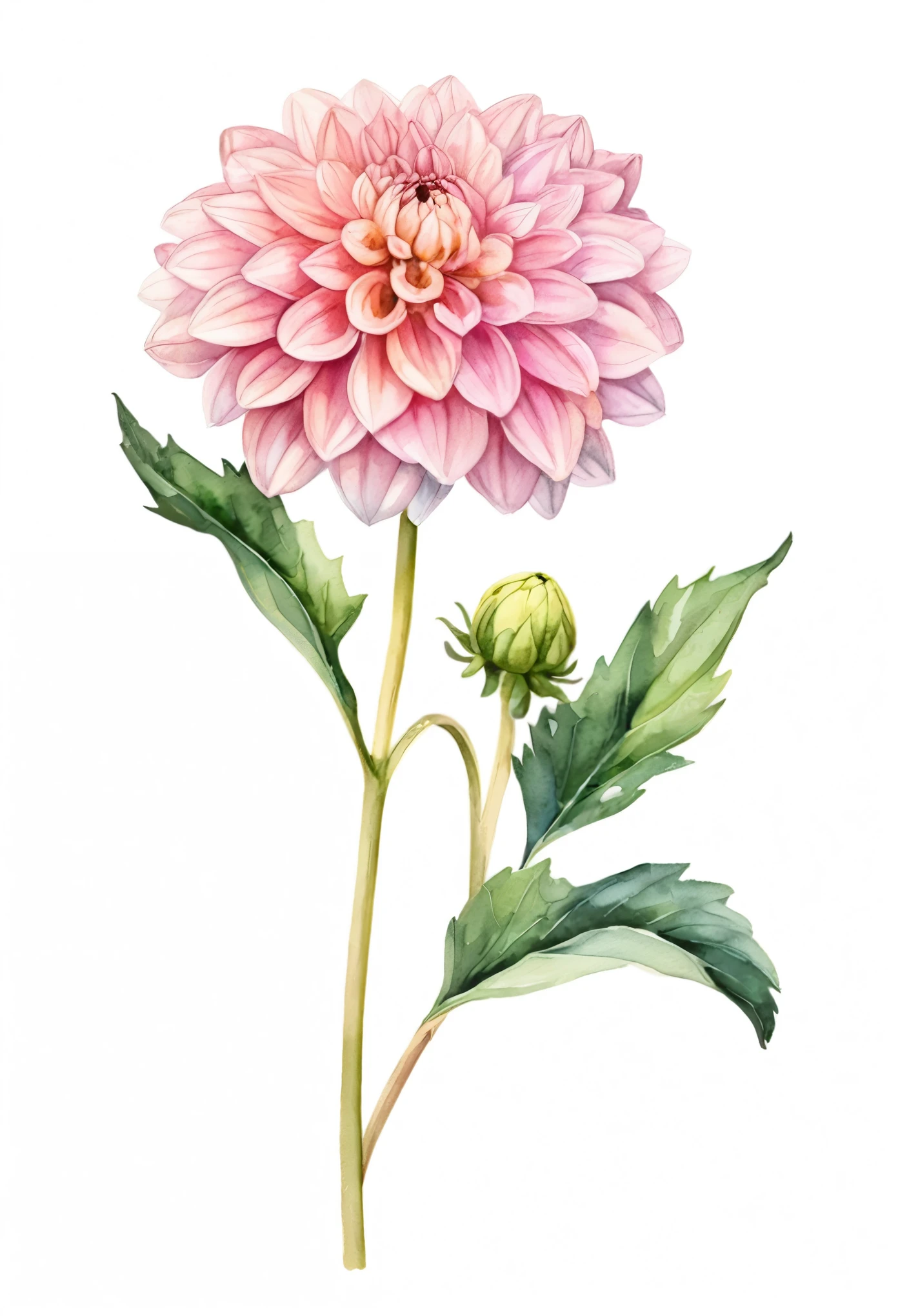 watercolor illustration of spring pink Dahlia flower, isolated white background, vintage oil paint style